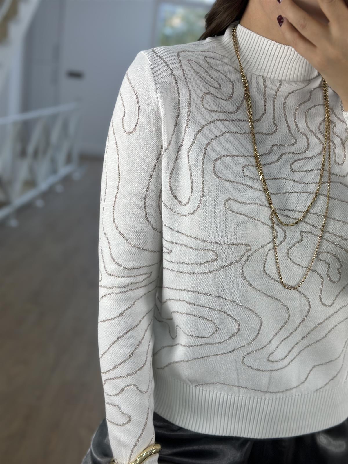 Sim Geçişli Balıkçı Yaka Triko Kazak-Beyaz