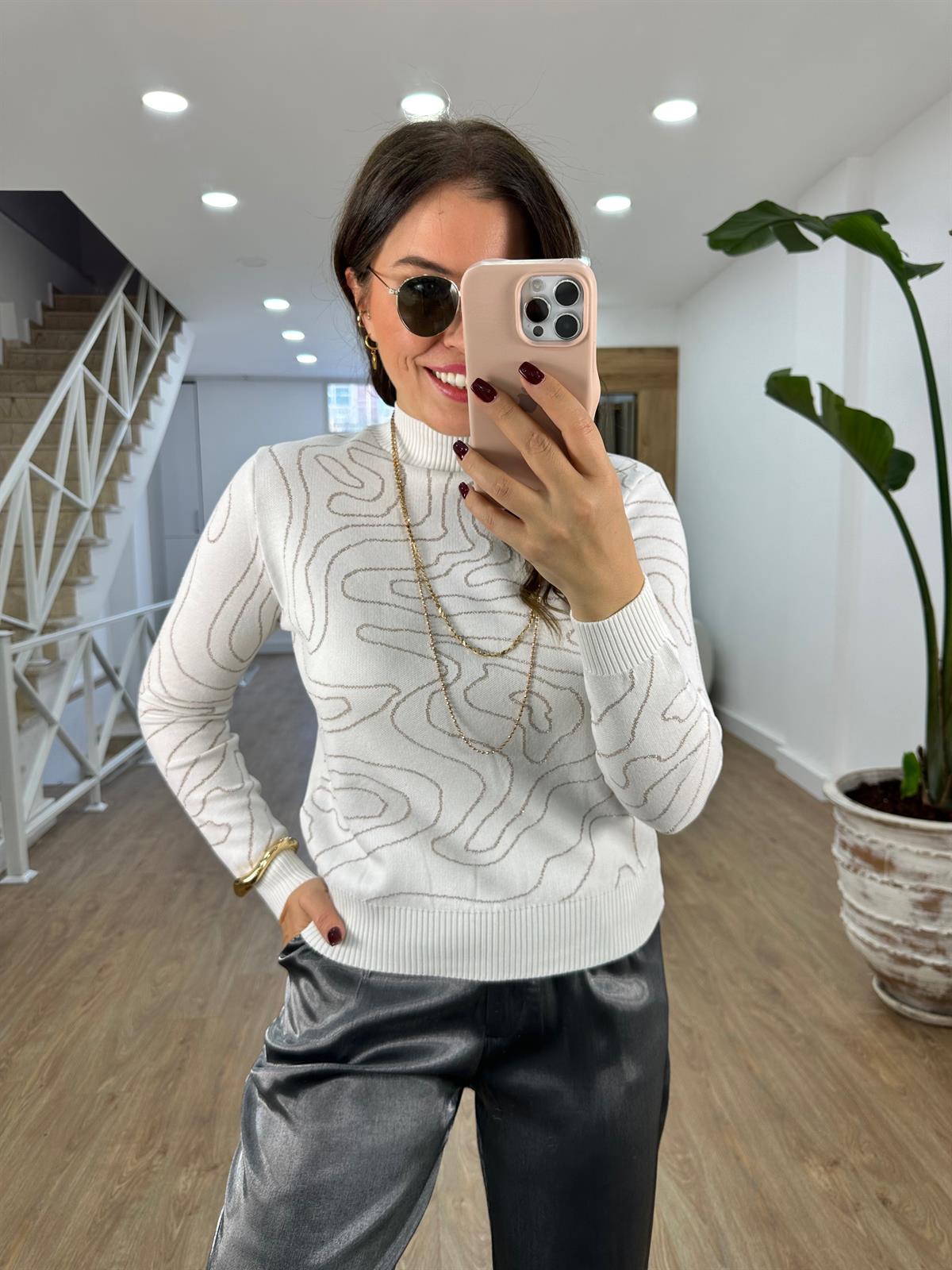 Sim Geçişli Balıkçı Yaka Triko Kazak-Beyaz