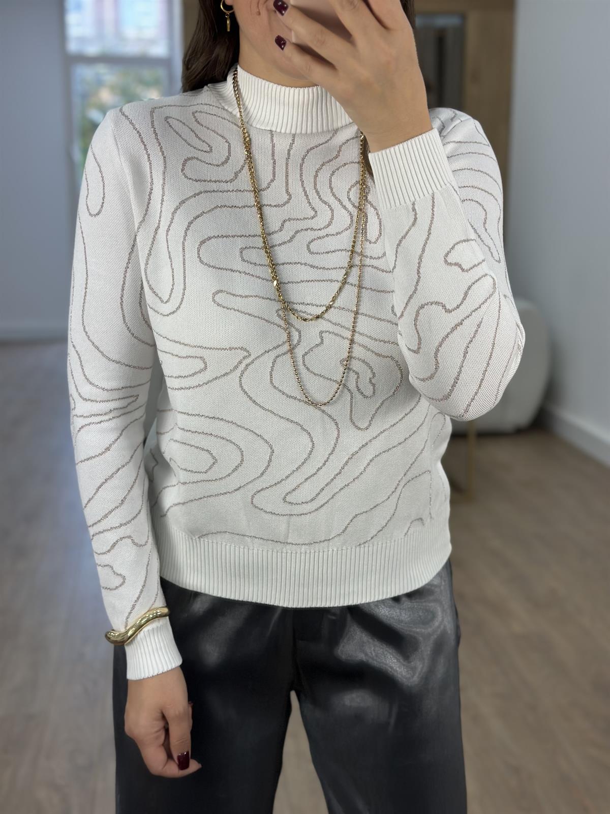 Sim Geçişli Balıkçı Yaka Triko Kazak-Beyaz