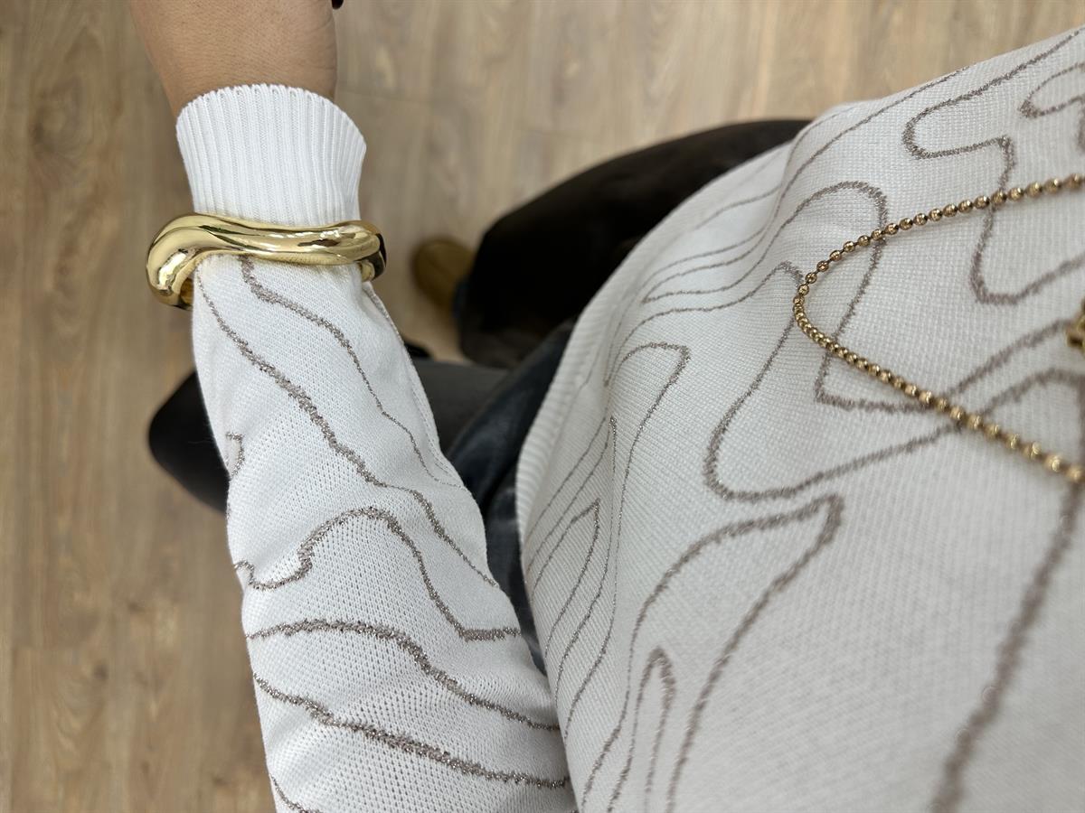 Sim Geçişli Balıkçı Yaka Triko Kazak-Beyaz