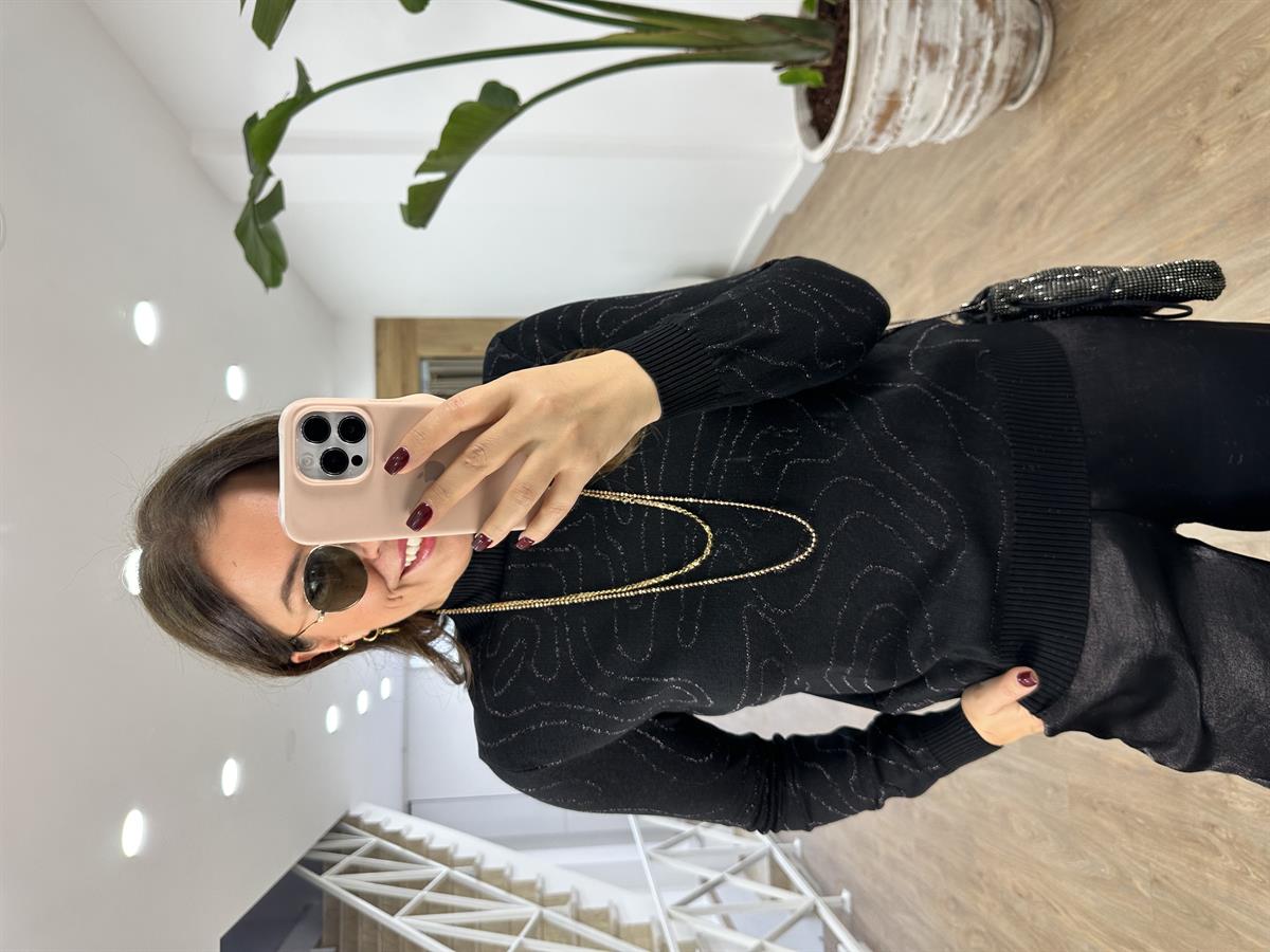 Sim Geçişli Balıkçı Yaka Triko Kazak-Siyah