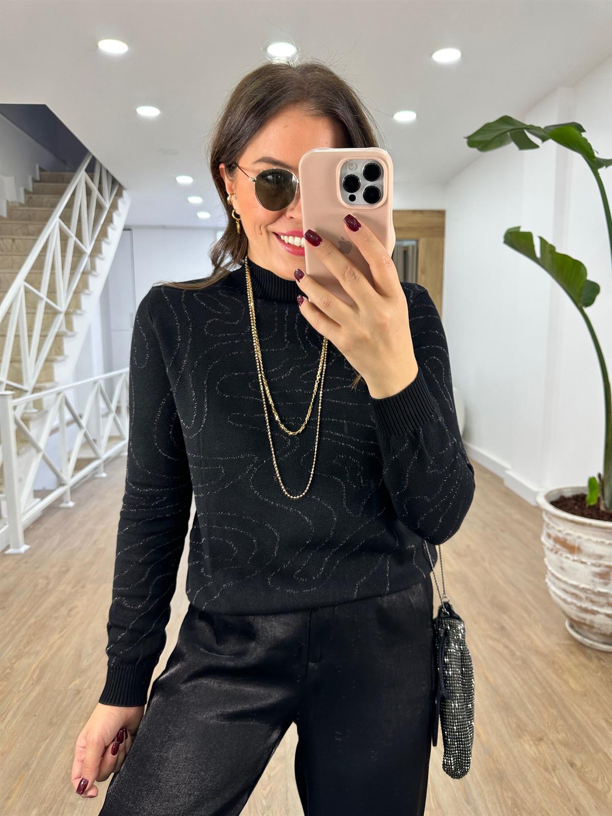 Sim Geçişli Balıkçı Yaka Triko Kazak-Siyah