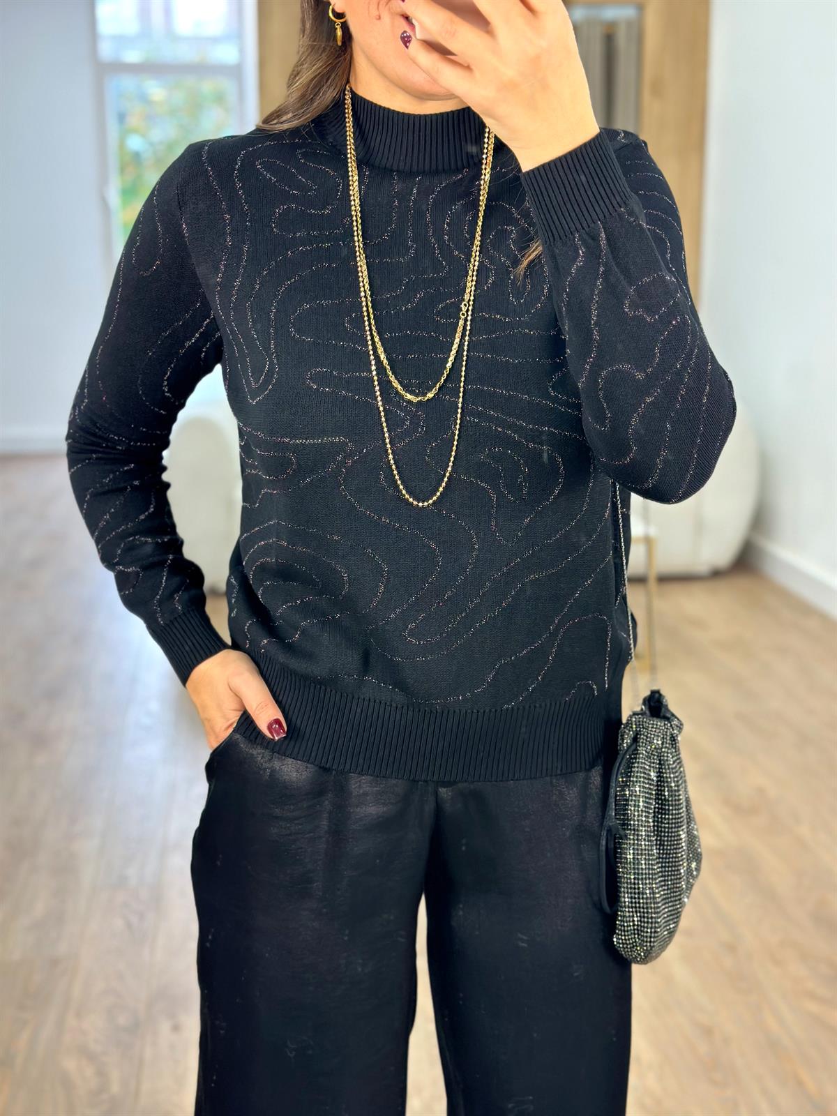 Sim Geçişli Balıkçı Yaka Triko Kazak-Siyah