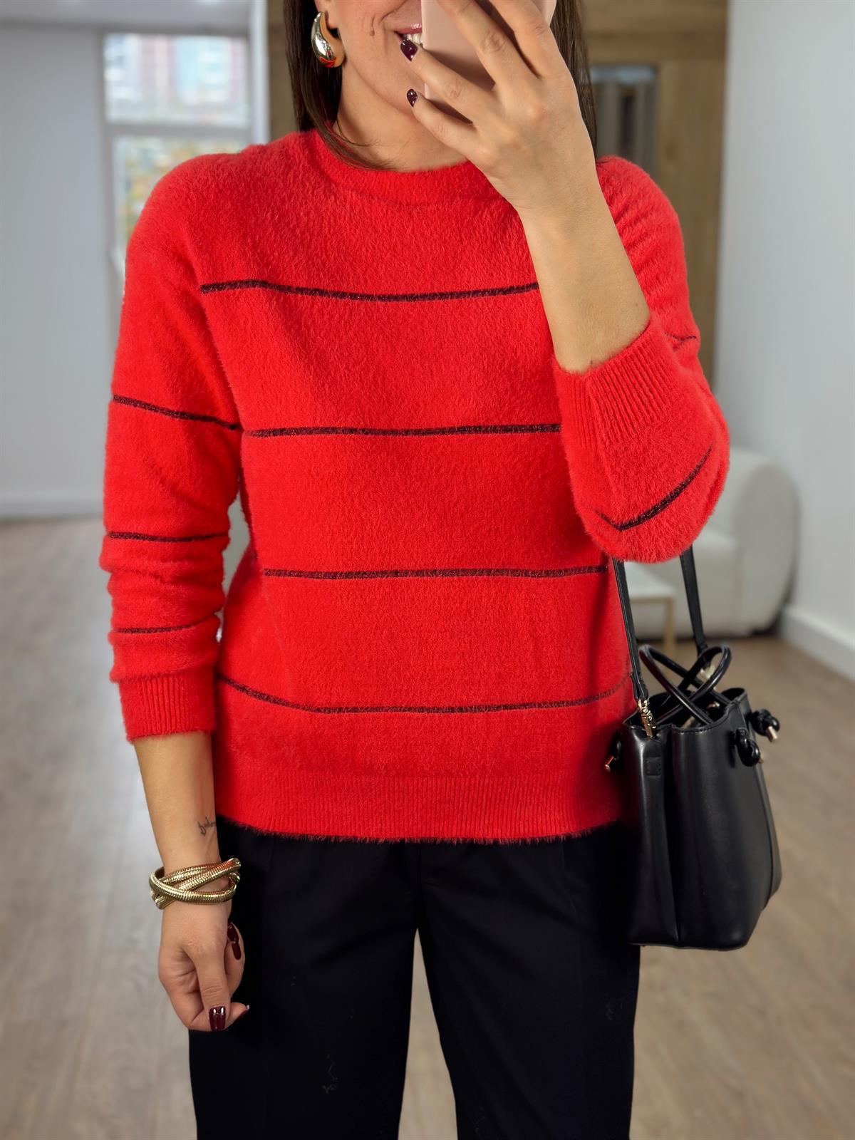 Sim Şeritli Tüylü Yumoş Kazak-Kırmızı