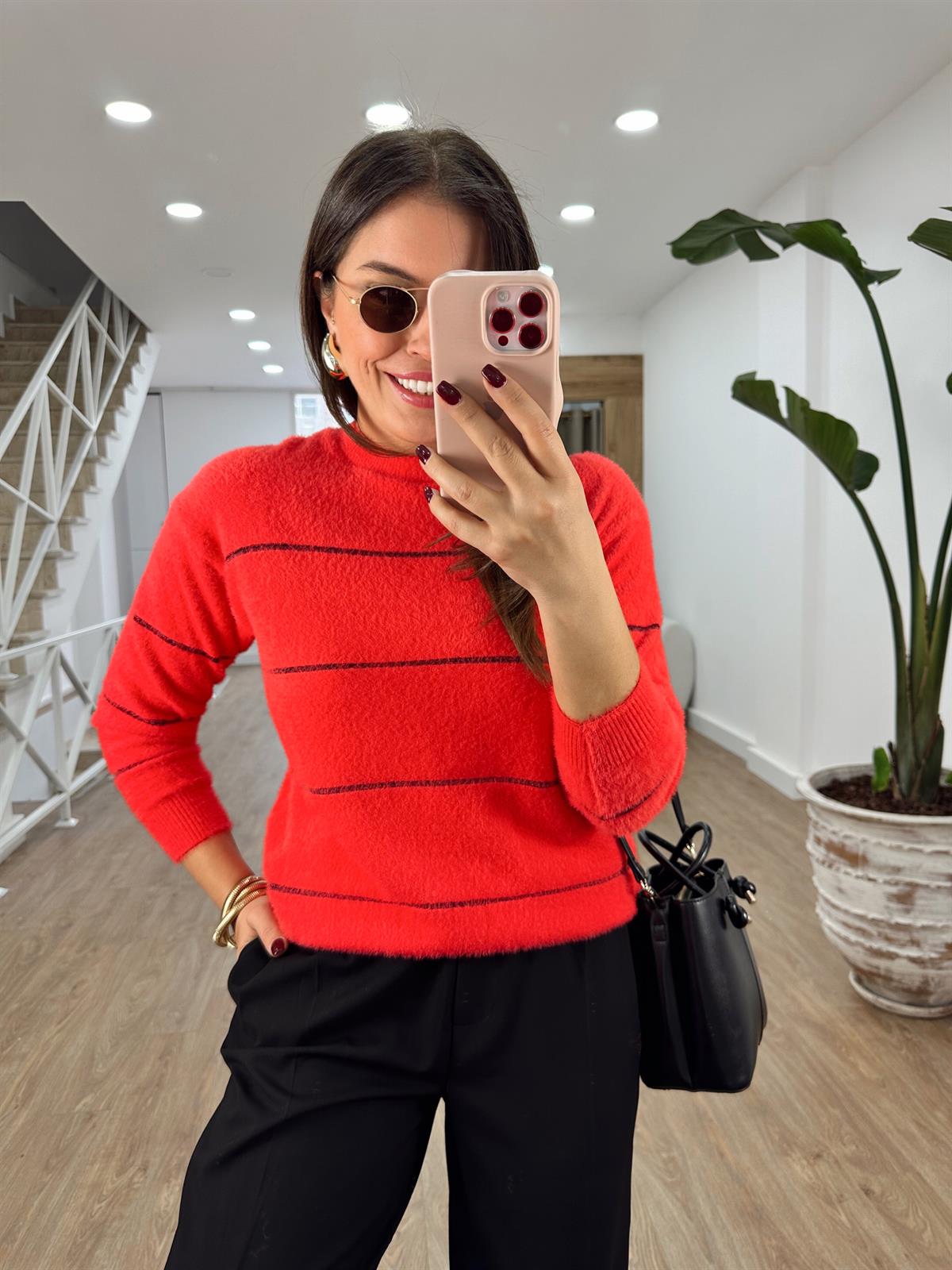 Sim Şeritli Tüylü Yumoş Kazak-Kırmızı