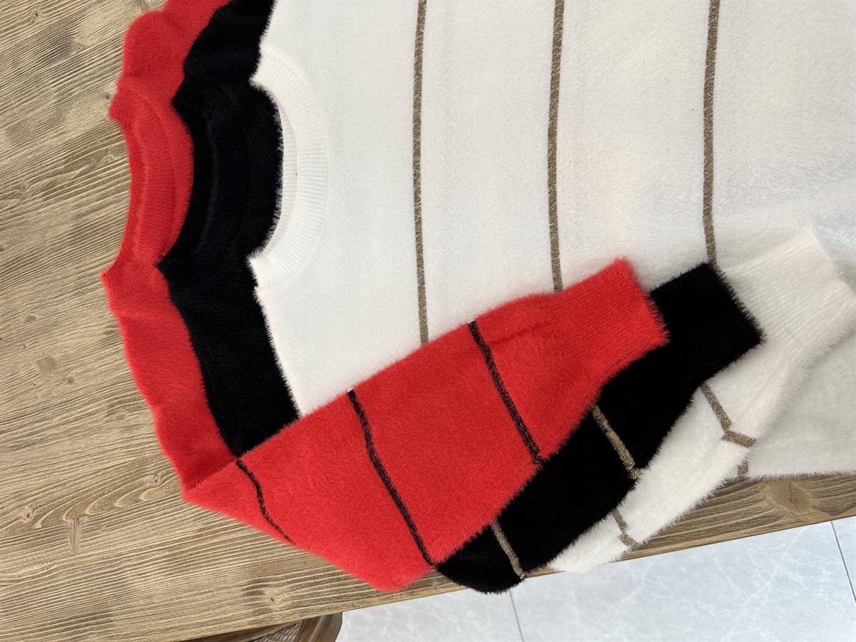 Sim Şeritli Tüylü Yumoş Kazak-Kırmızı