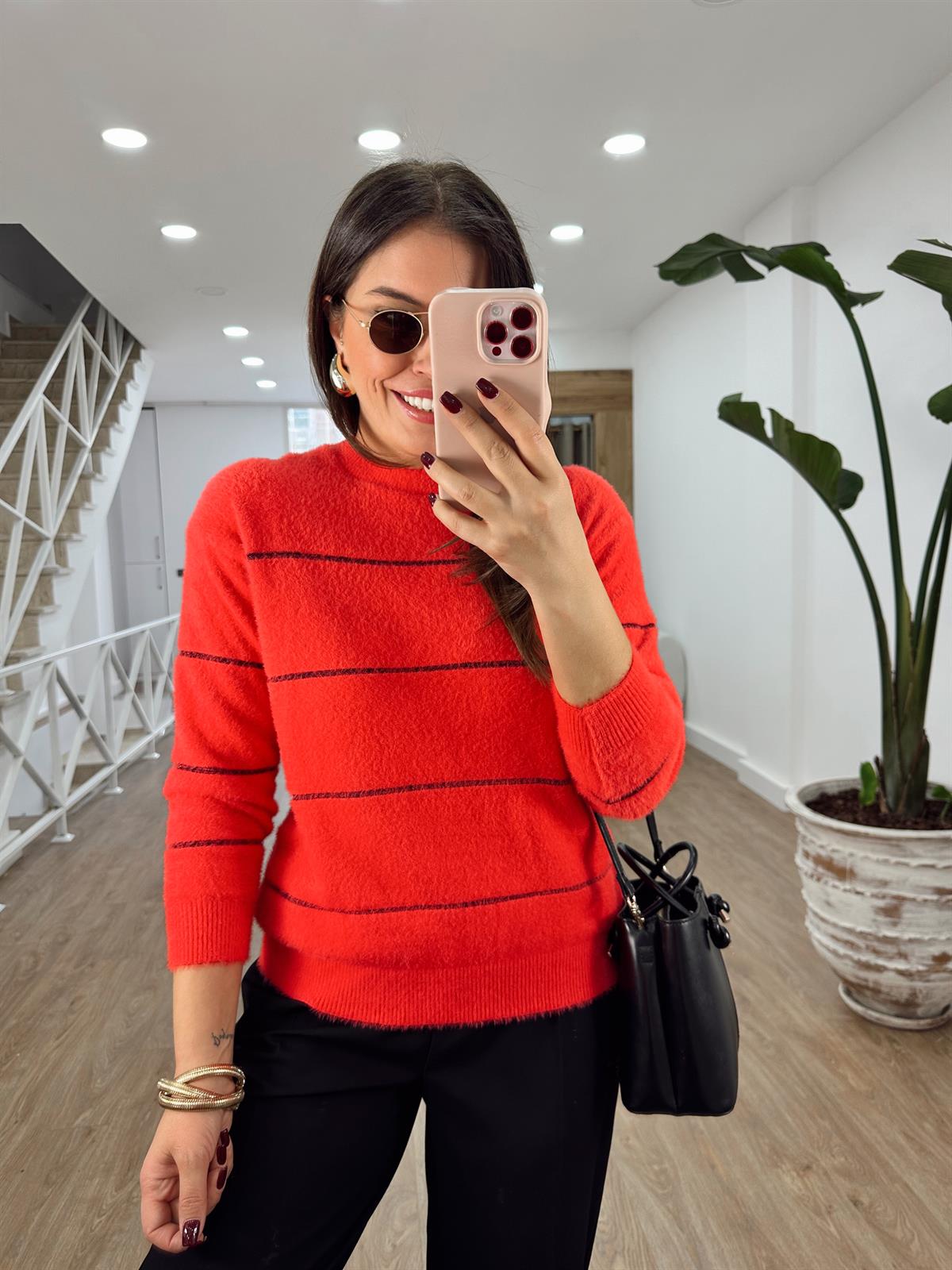 Sim Şeritli Tüylü Yumoş Kazak-Kırmızı