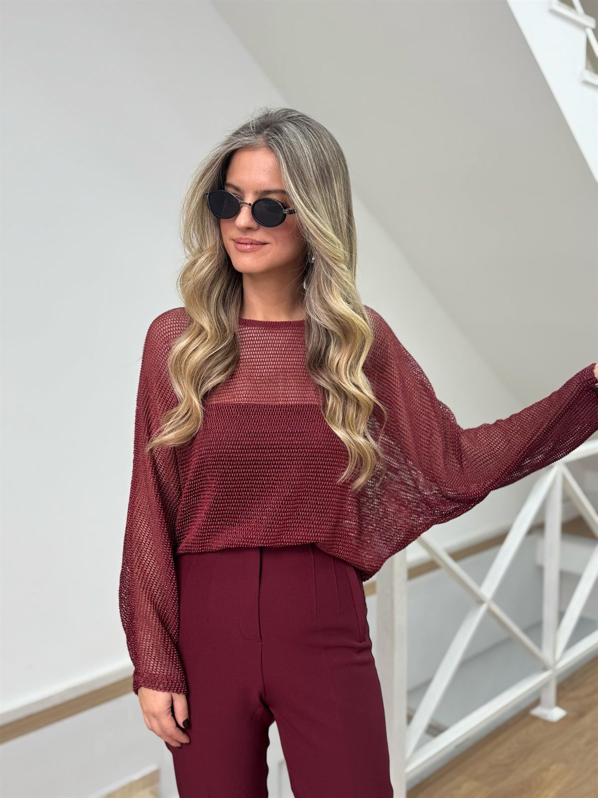 Simli Ajurlu Bluz - Bordo