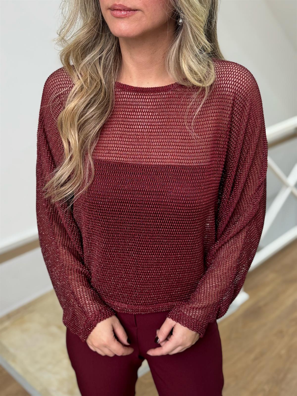 Simli Ajurlu Bluz - Bordo