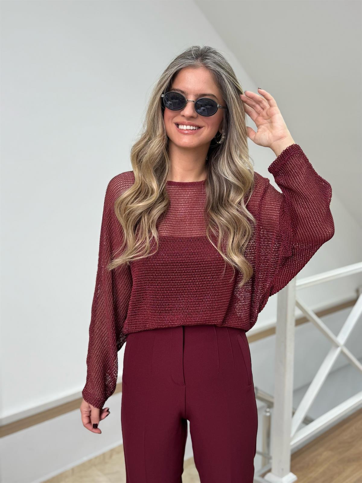 Simli Ajurlu Bluz - Bordo