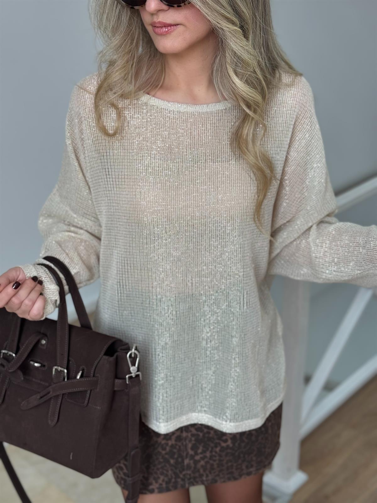 Simli Ajurlu Bluz - Gold