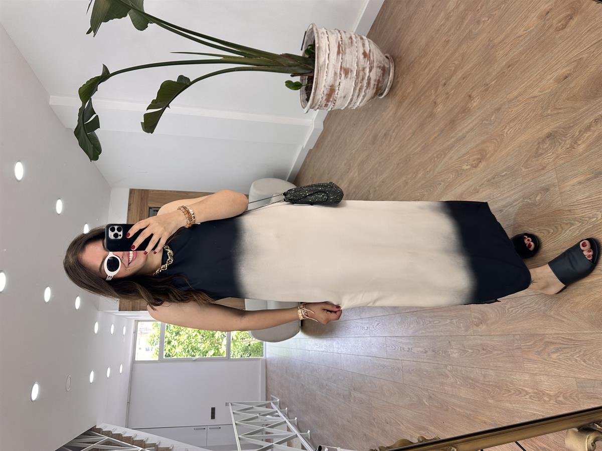 Siyah-Beyaz Batik Desen Elbise