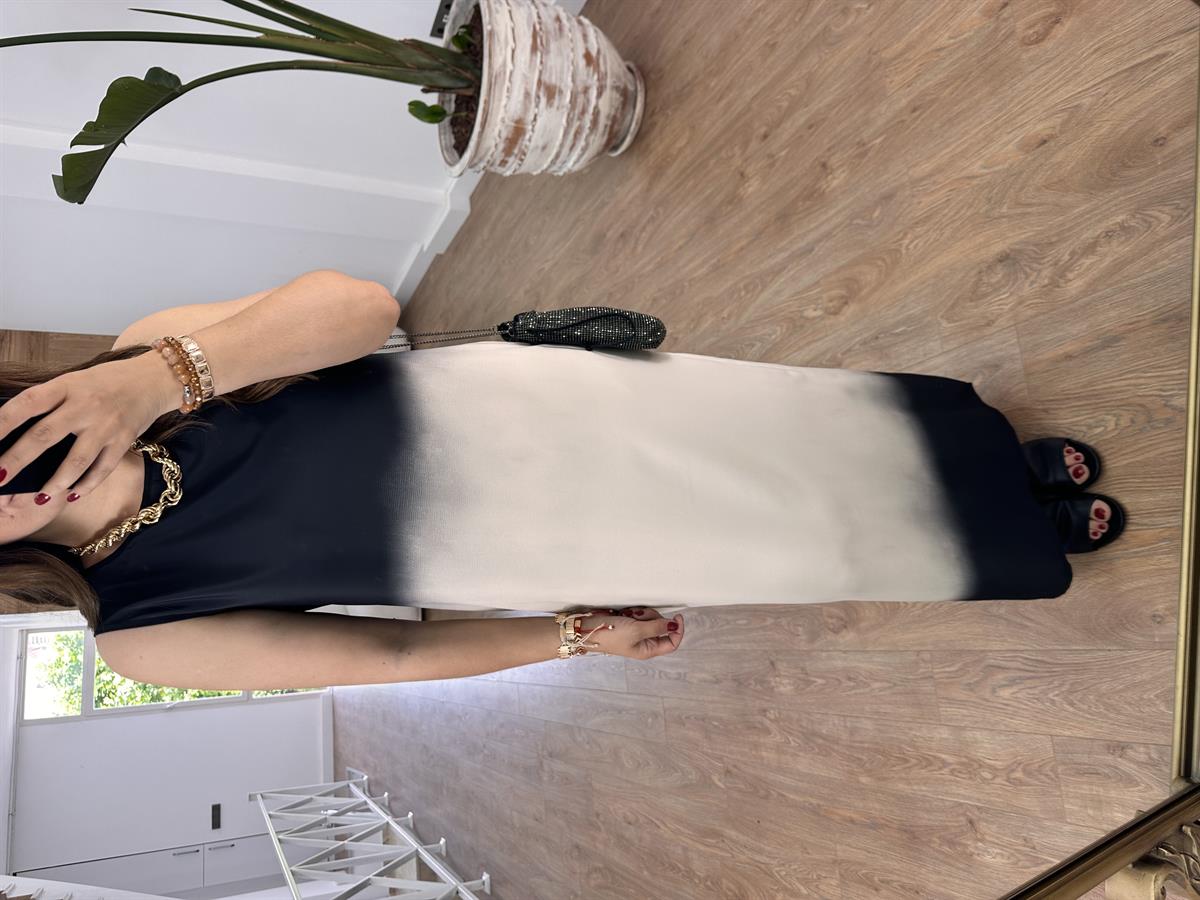 Siyah-Beyaz Batik Desen Elbise