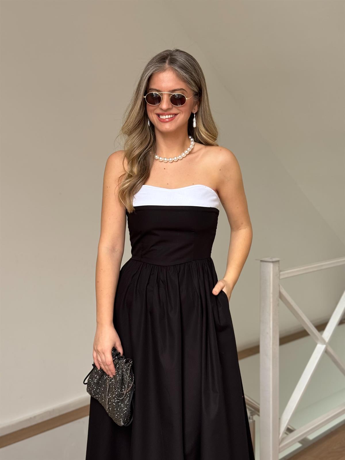 Siyah Beyaz Straplez Poplin Elbise