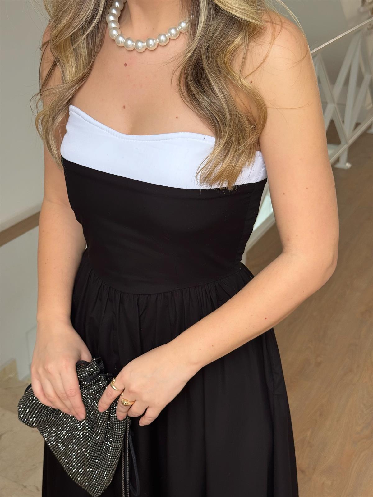 Siyah Beyaz Straplez Poplin Elbise