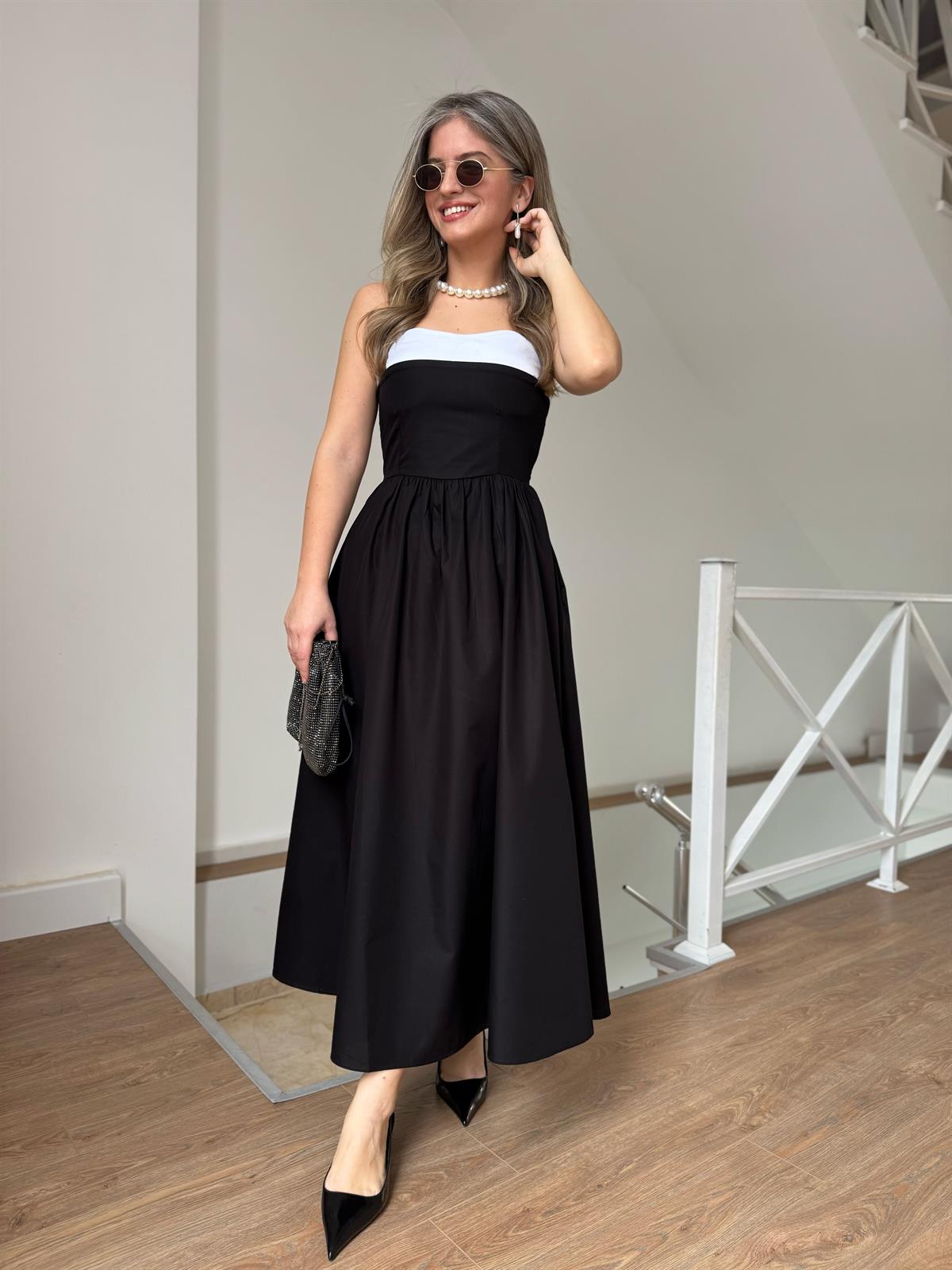 Siyah Beyaz Straplez Poplin Elbise