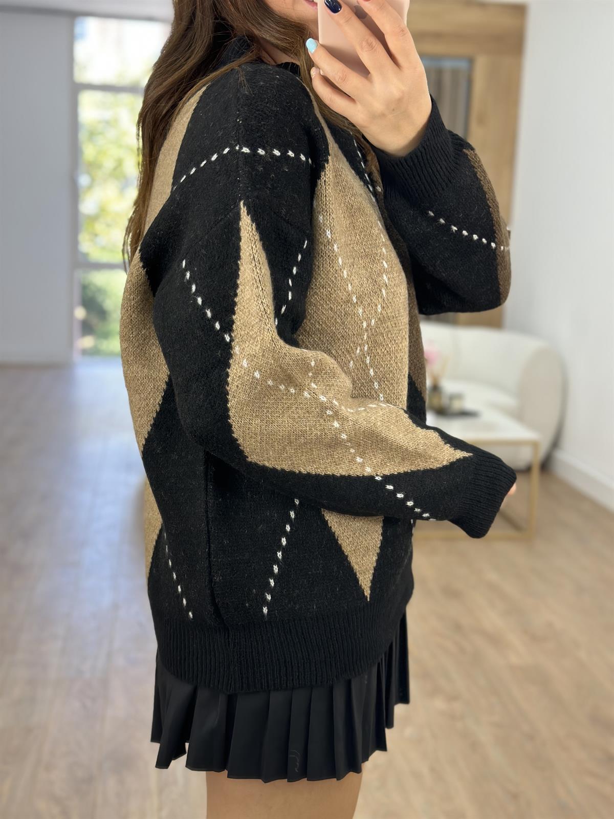 Siyah Camel Kahverengi Baklava Desenli Kazak