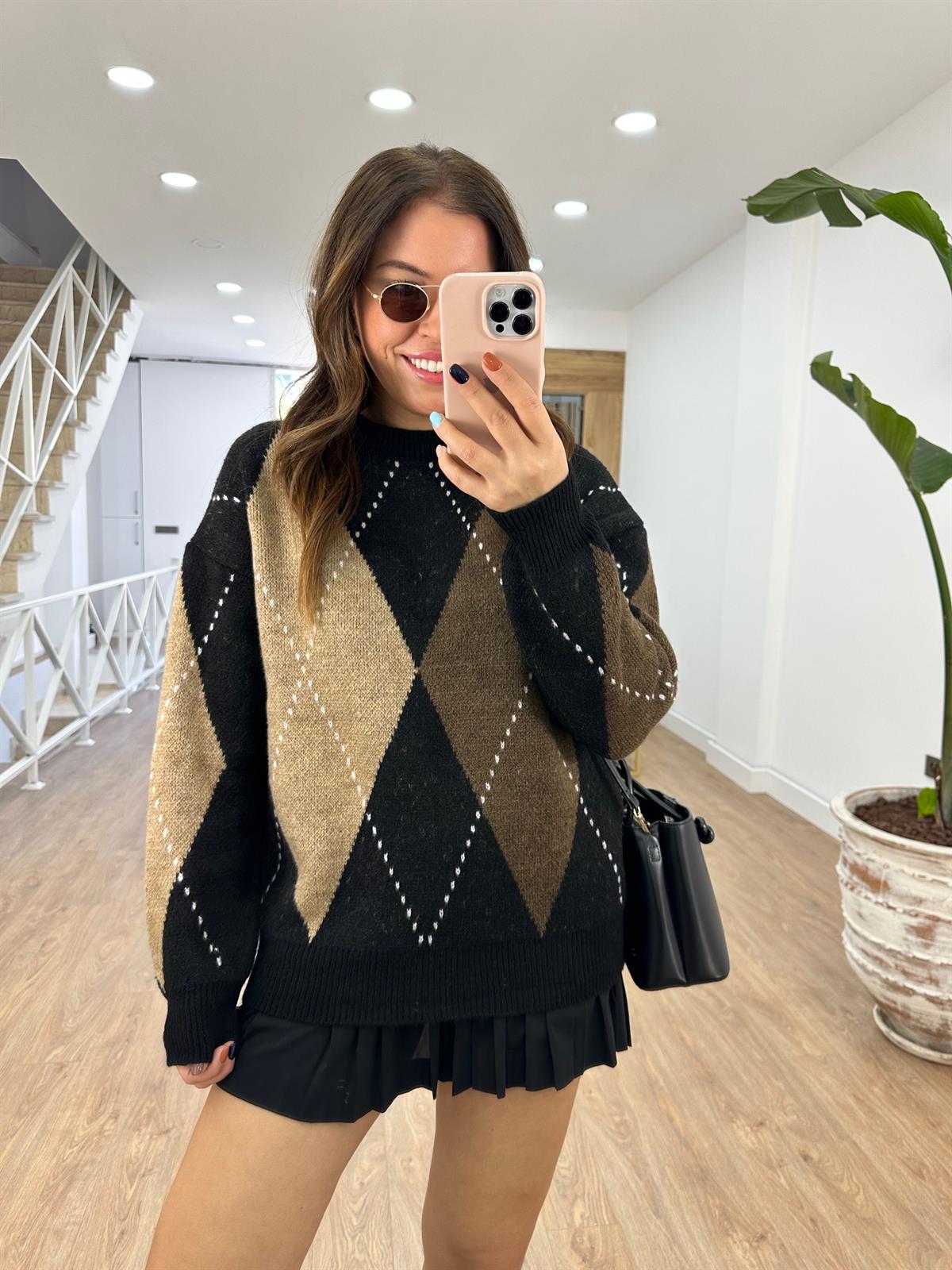 Siyah Camel Kahverengi Baklava Desenli Kazak