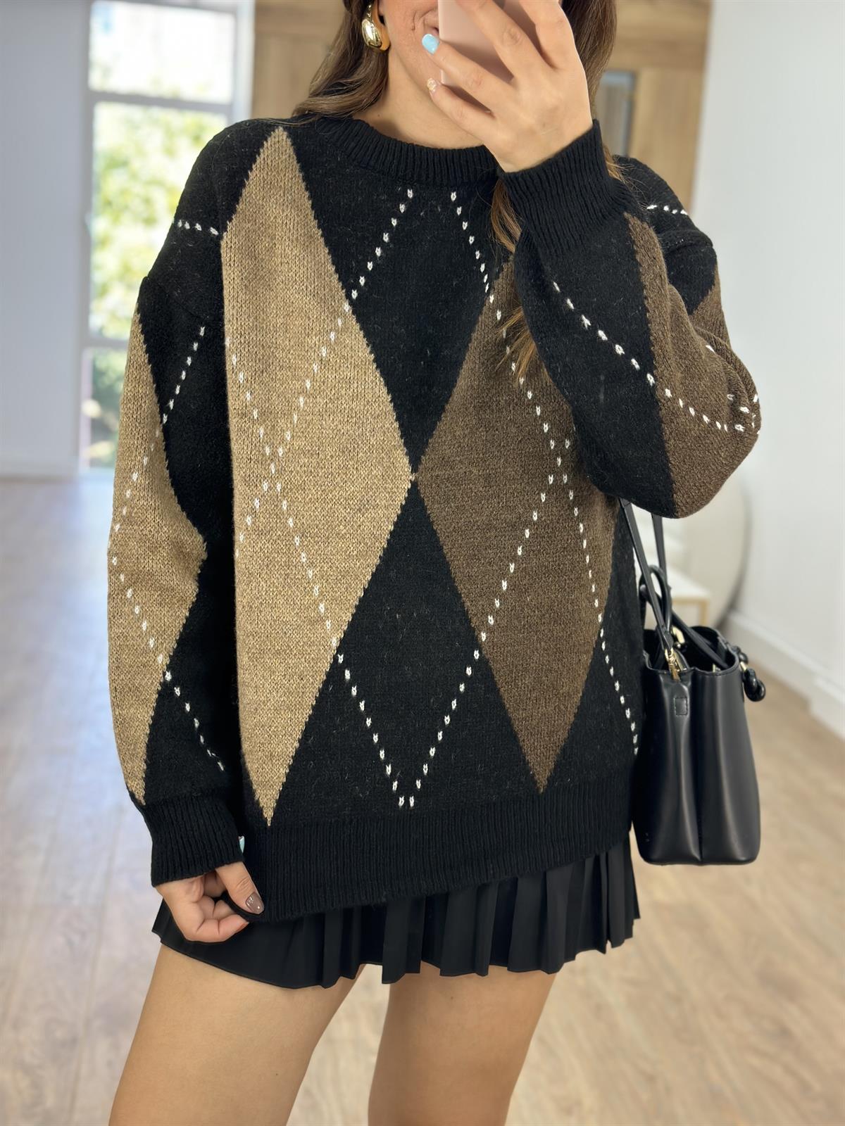 Siyah Camel Kahverengi Baklava Desenli Kazak