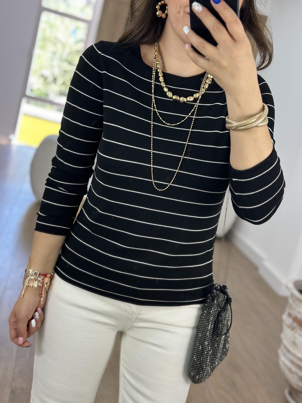 Siyah Üzeri Beyaz Çizgili İnce Merserize Triko