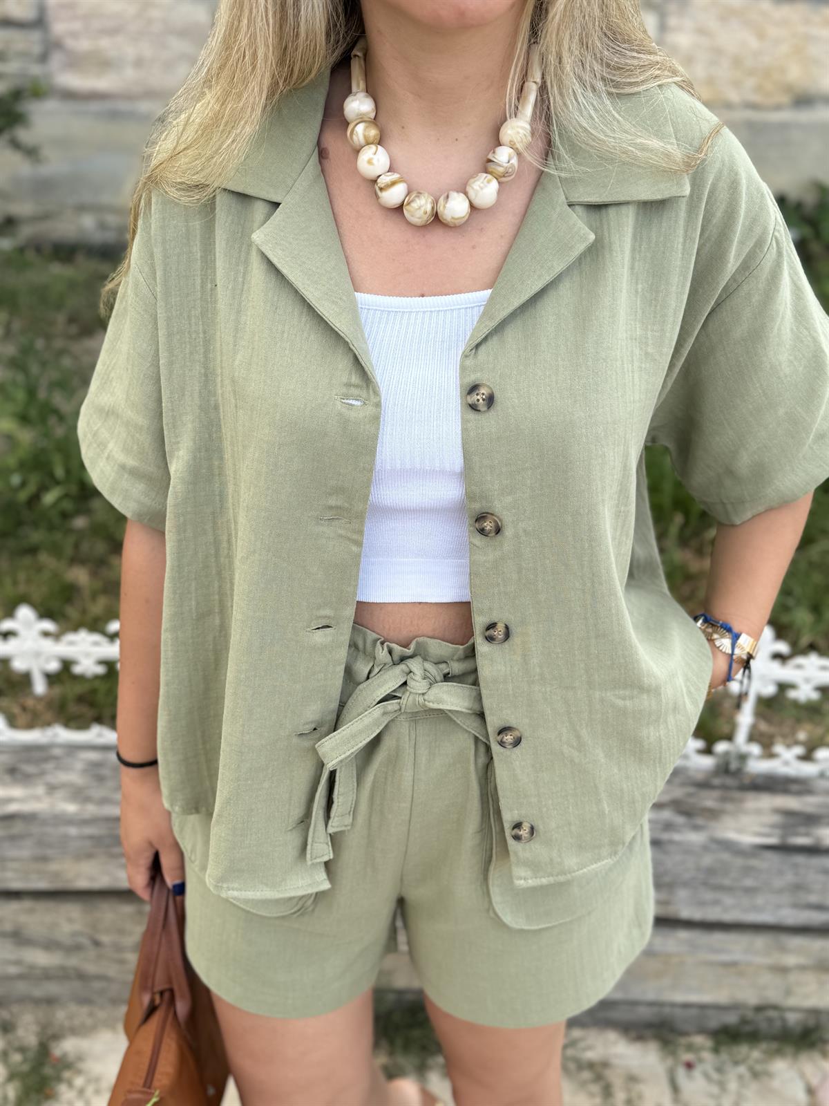 Şortlu Pamuk Müslin Takım-Haki