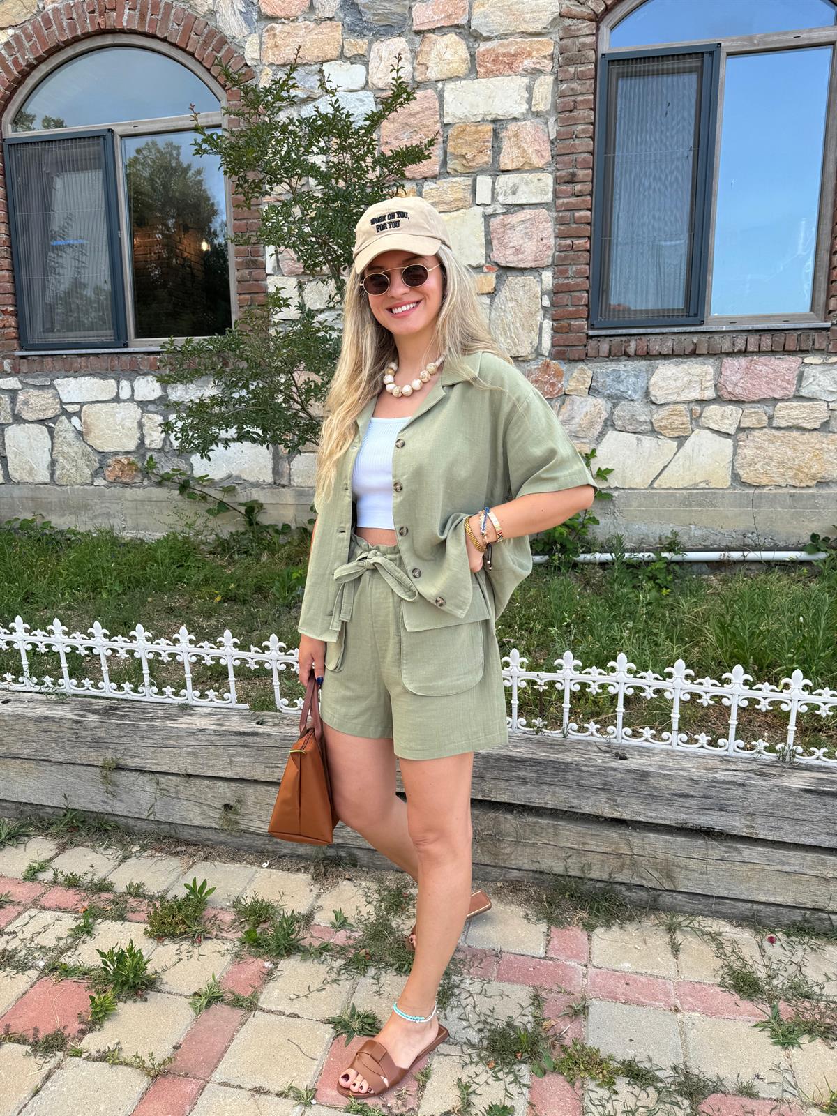 Şortlu Pamuk Müslin Takım-Haki