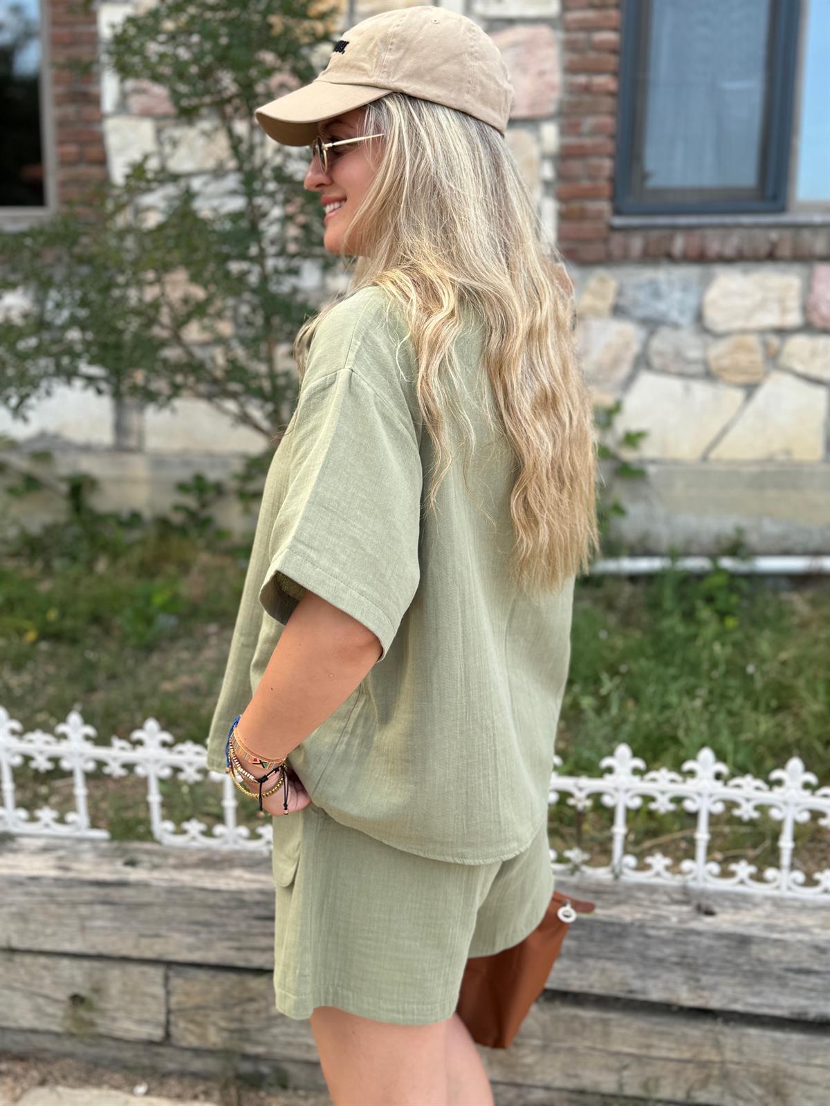 Şortlu Pamuk Müslin Takım-Haki