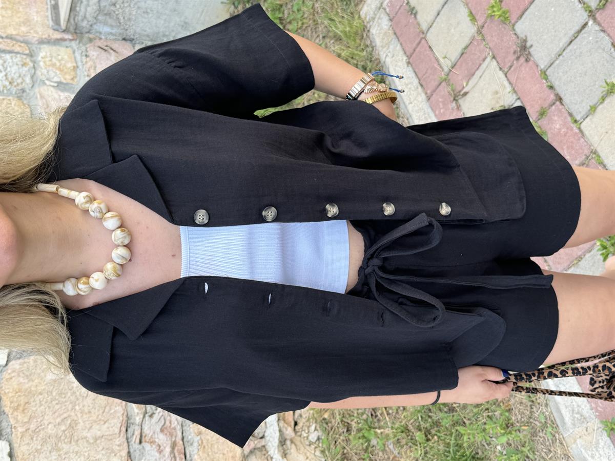 Şortlu Pamuk Müslin Takım-Siyah