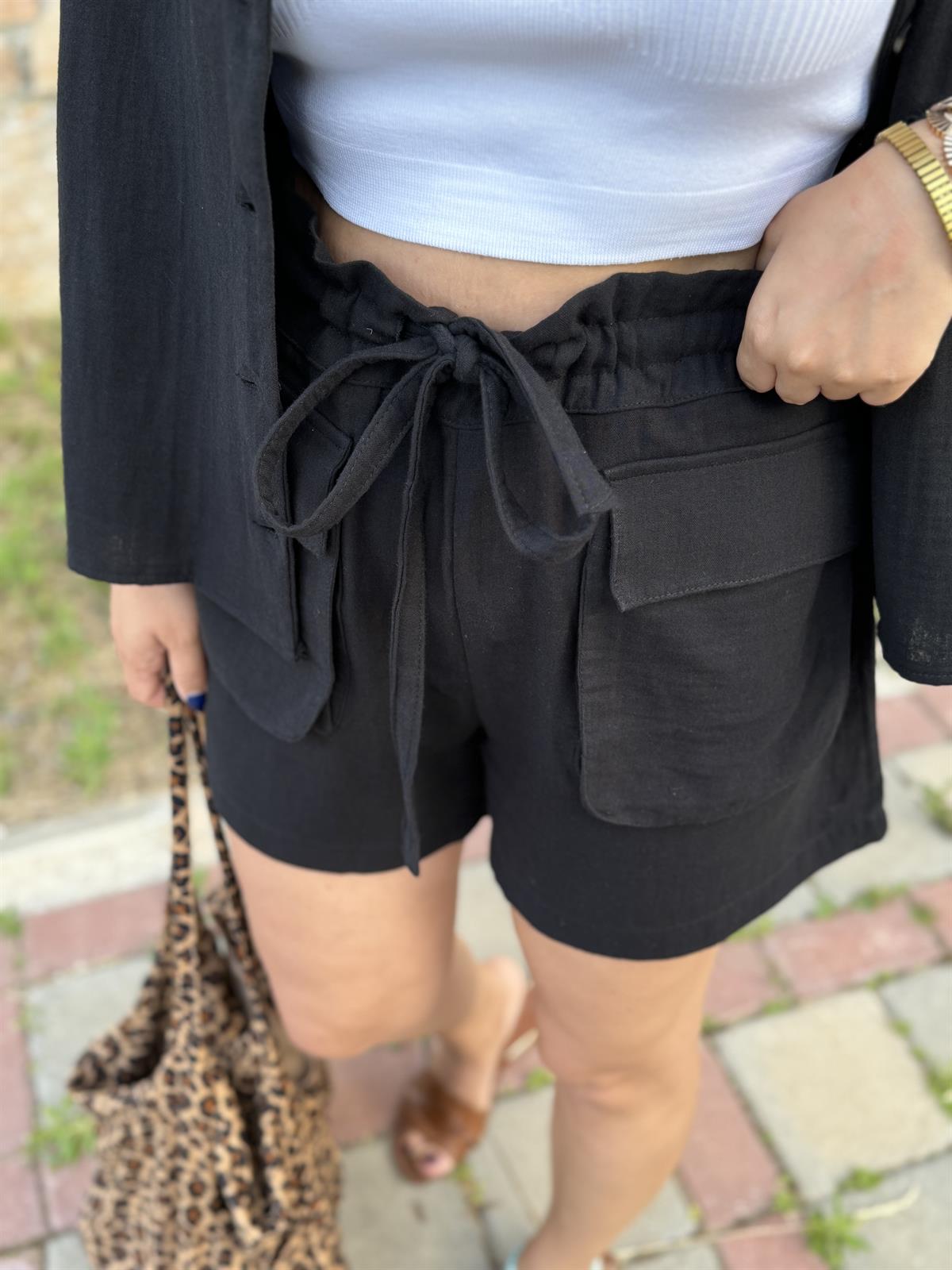 Şortlu Pamuk Müslin Takım-Siyah