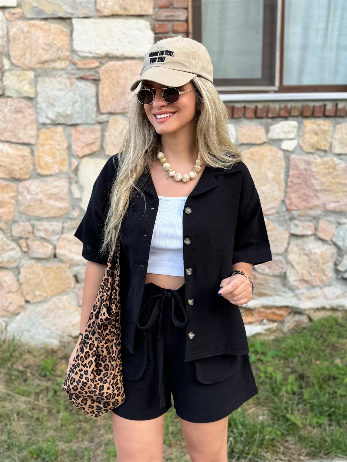 Şortlu Pamuk Müslin Takım-Siyah