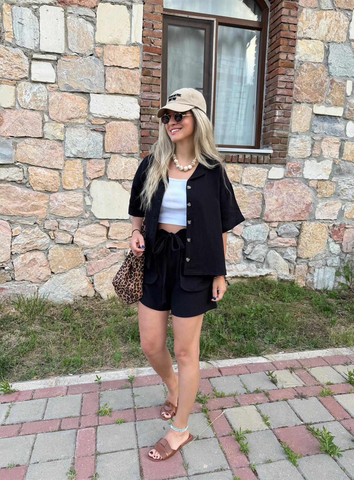 Şortlu Pamuk Müslin Takım-Siyah