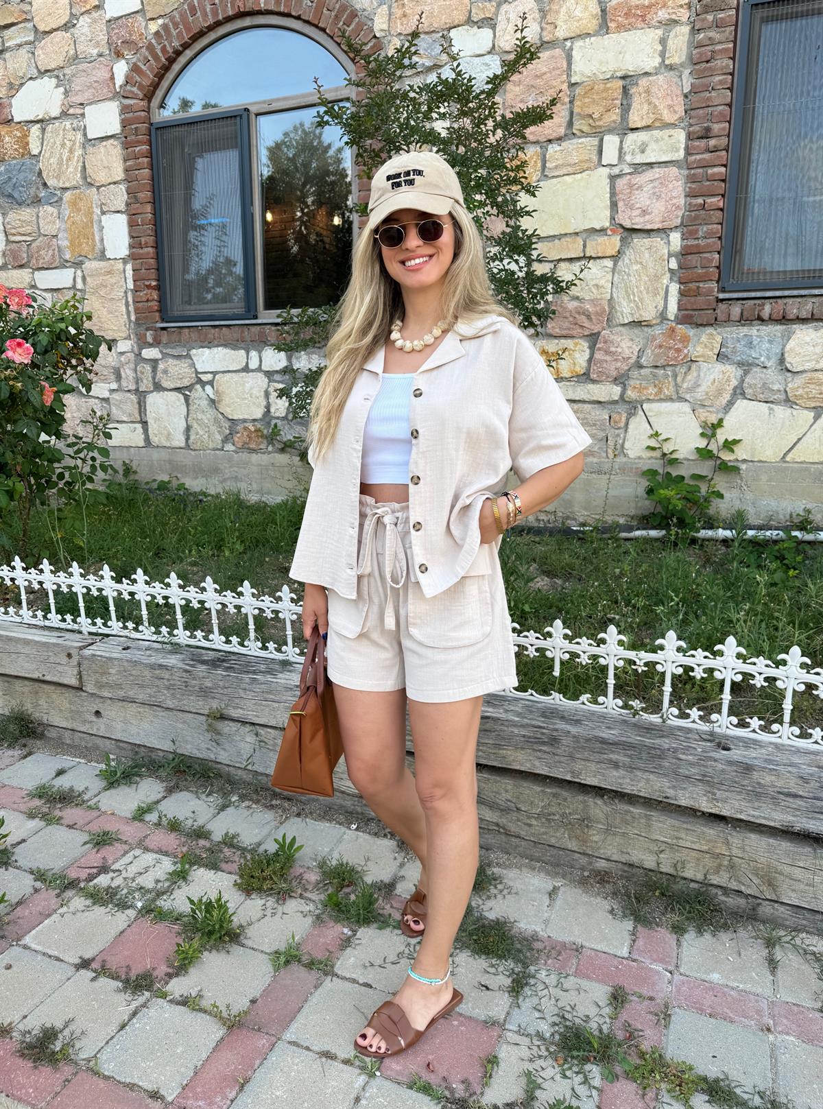 Şortlu Pamuk Müslin Takım-Taş