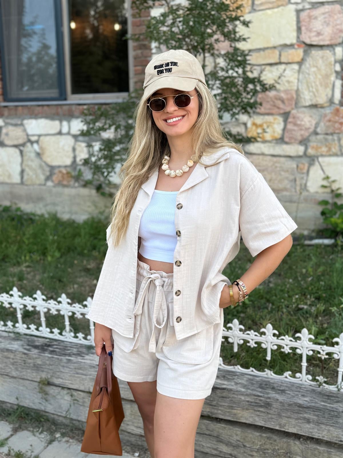 Şortlu Pamuk Müslin Takım-Taş