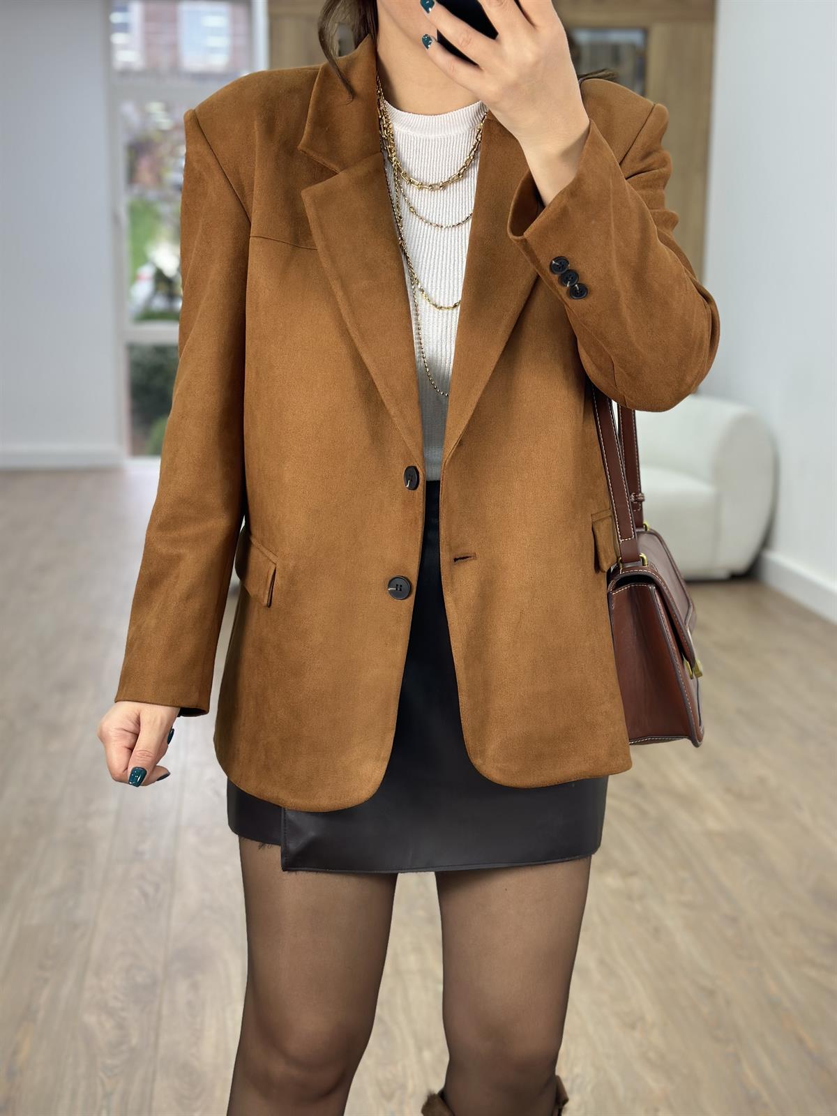 Süet Blazer Ceket-Camel