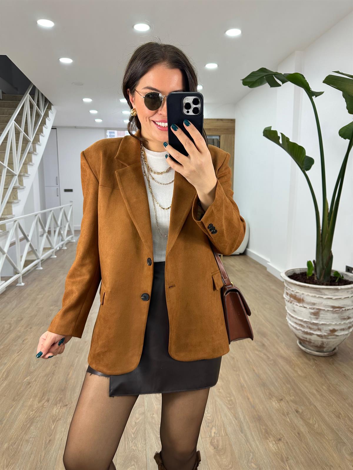 Süet Blazer Ceket-Camel