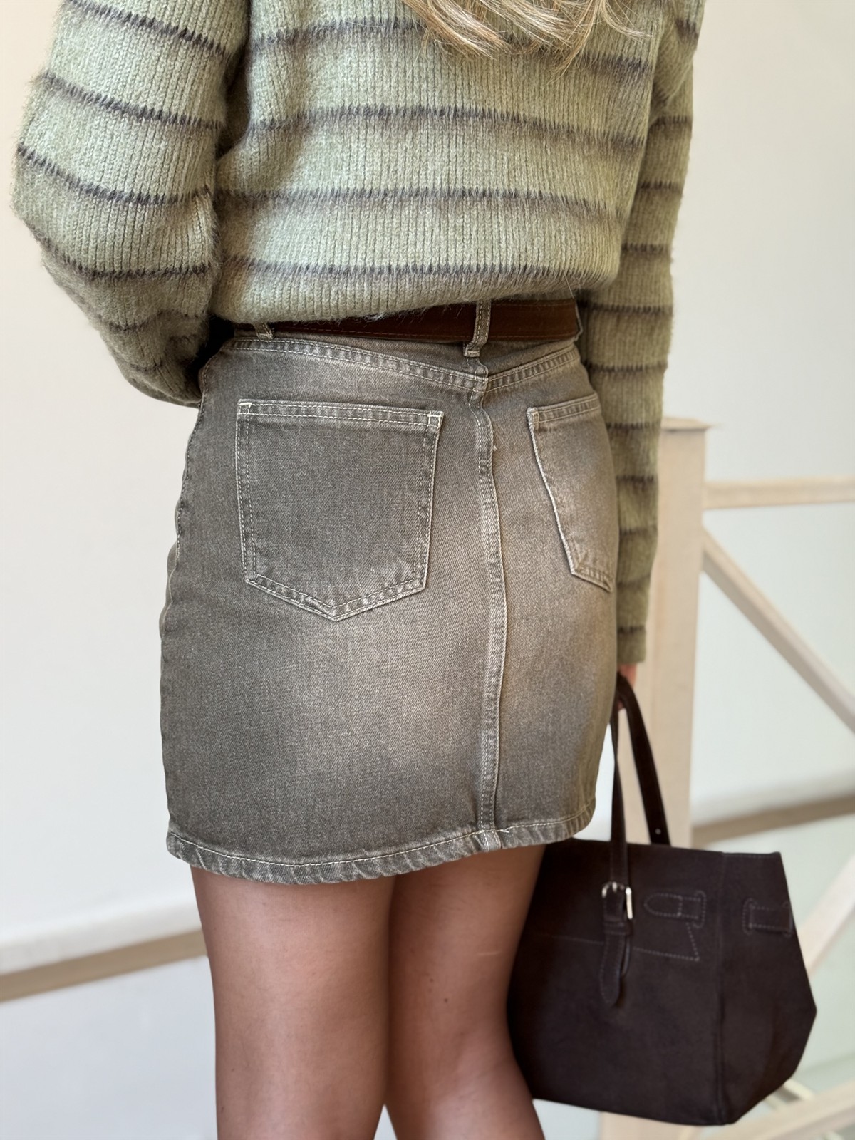 Süet Kemerli Mini Denim Etek - Haki