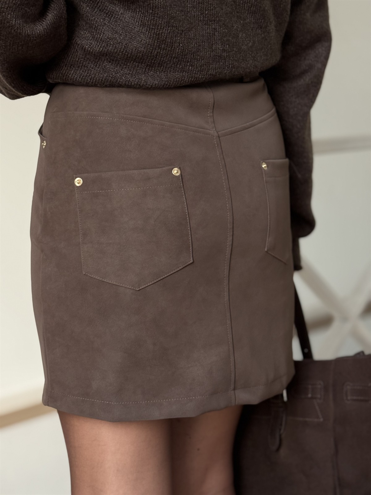 Süet Mini Etek - Acı Kahve