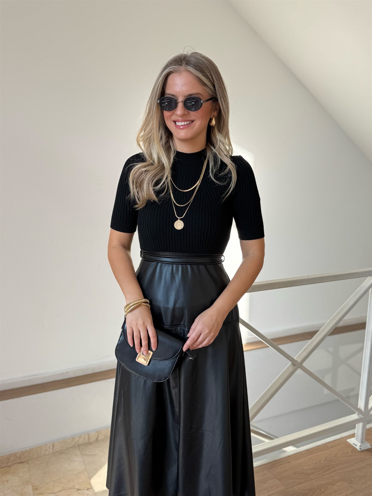 Suni Deri Etekli Triko Elbise 