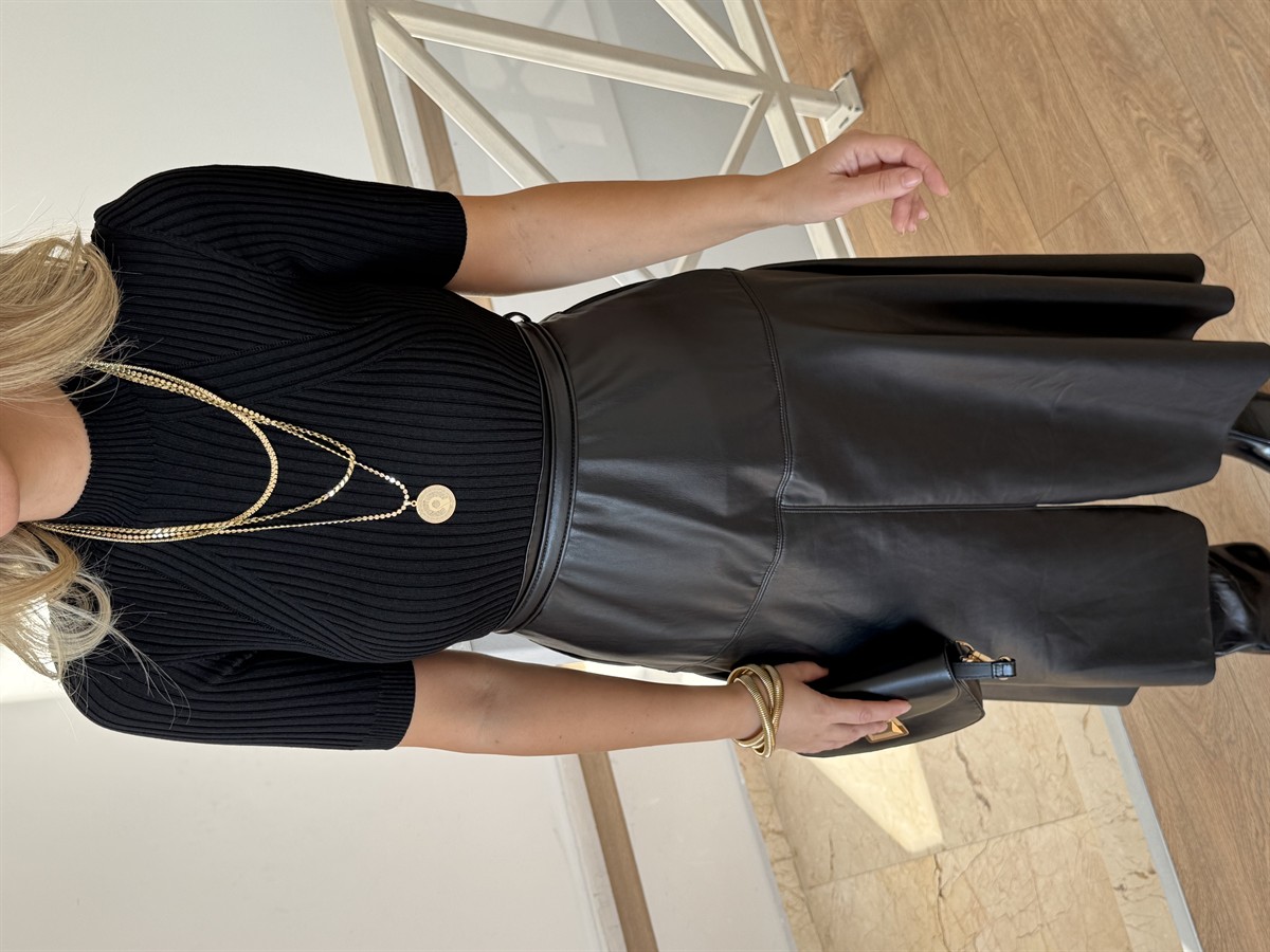 Suni Deri Etekli Triko Elbise 