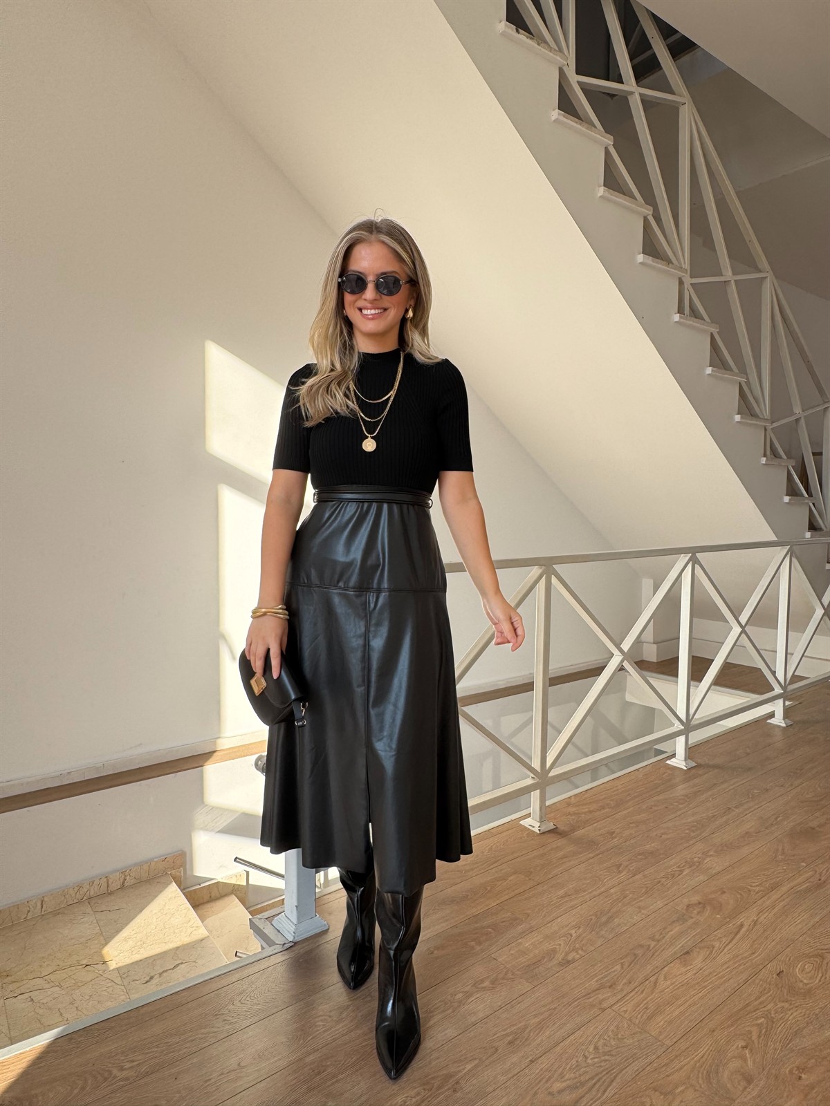 Suni Deri Etekli Triko Elbise 