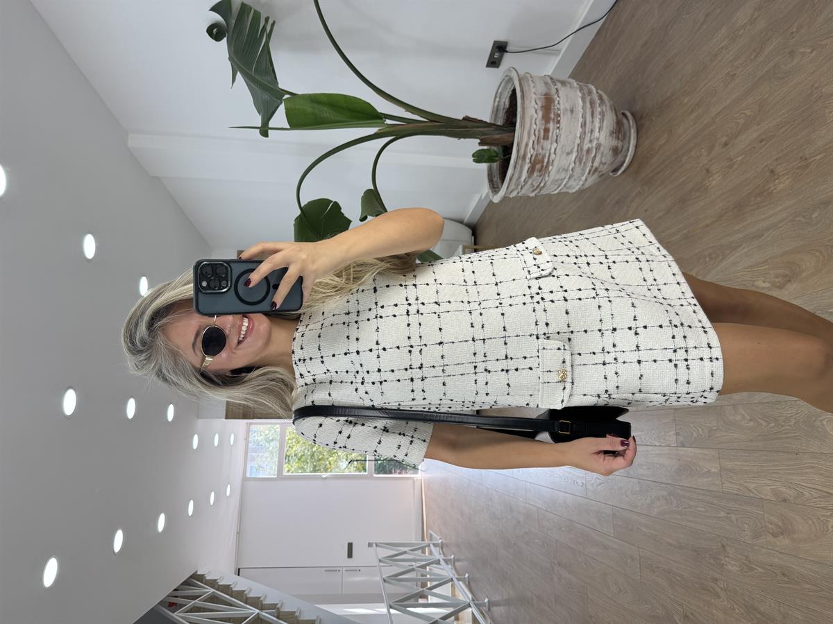 Süs Cep Detaylı Tüvit Elbise - Beyaz