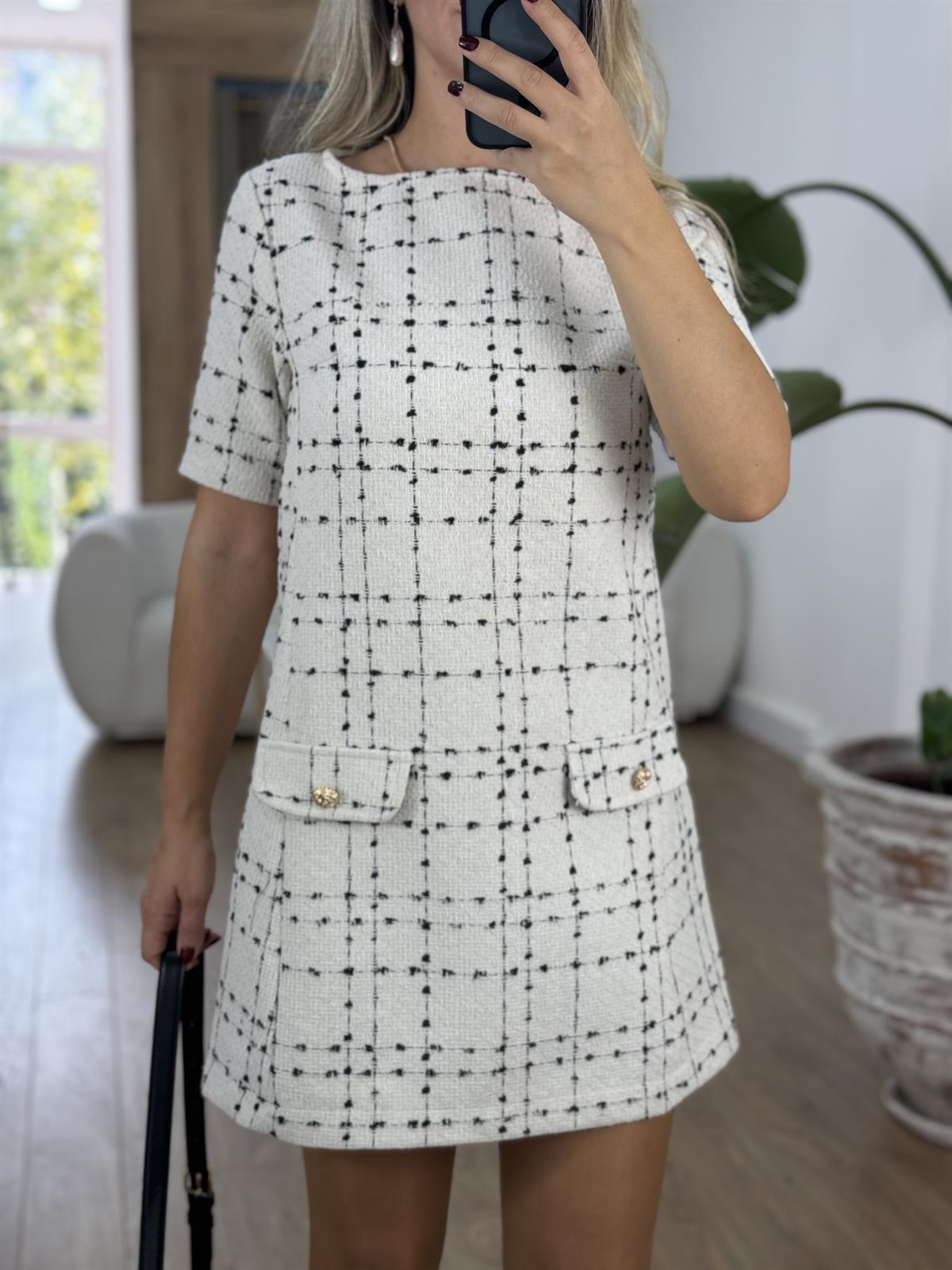 Süs Cep Detaylı Tüvit Elbise - Beyaz