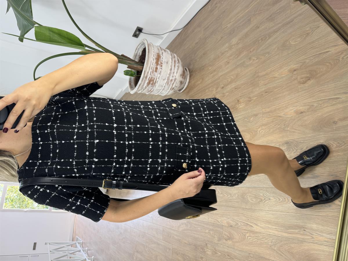 Süs Cep Detaylı Tüvit Elbise - Siyah