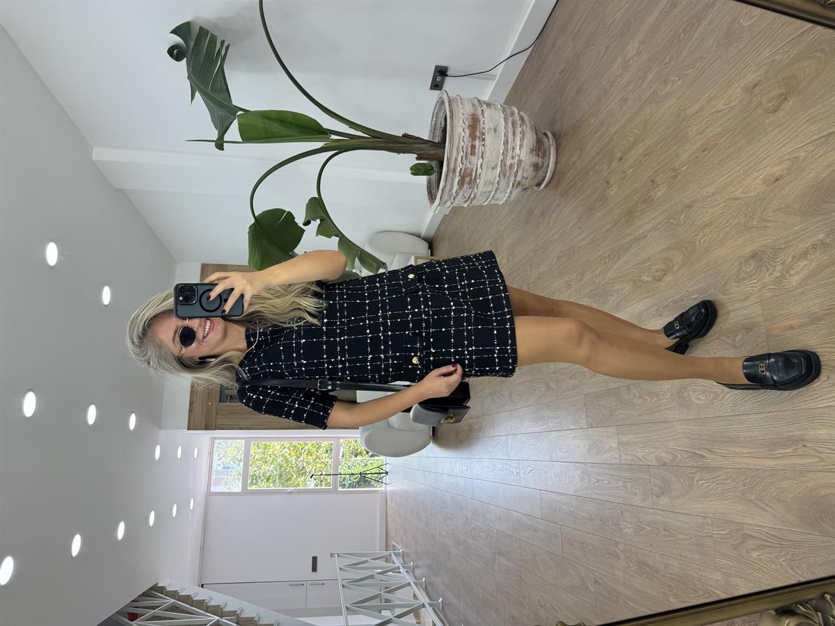 Süs Cep Detaylı Tüvit Elbise - Siyah