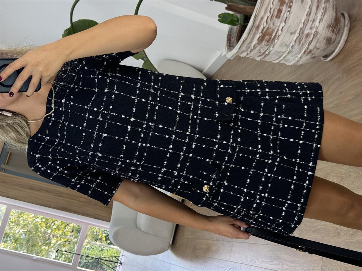 Süs Cep Detaylı Tüvit Elbise - Siyah