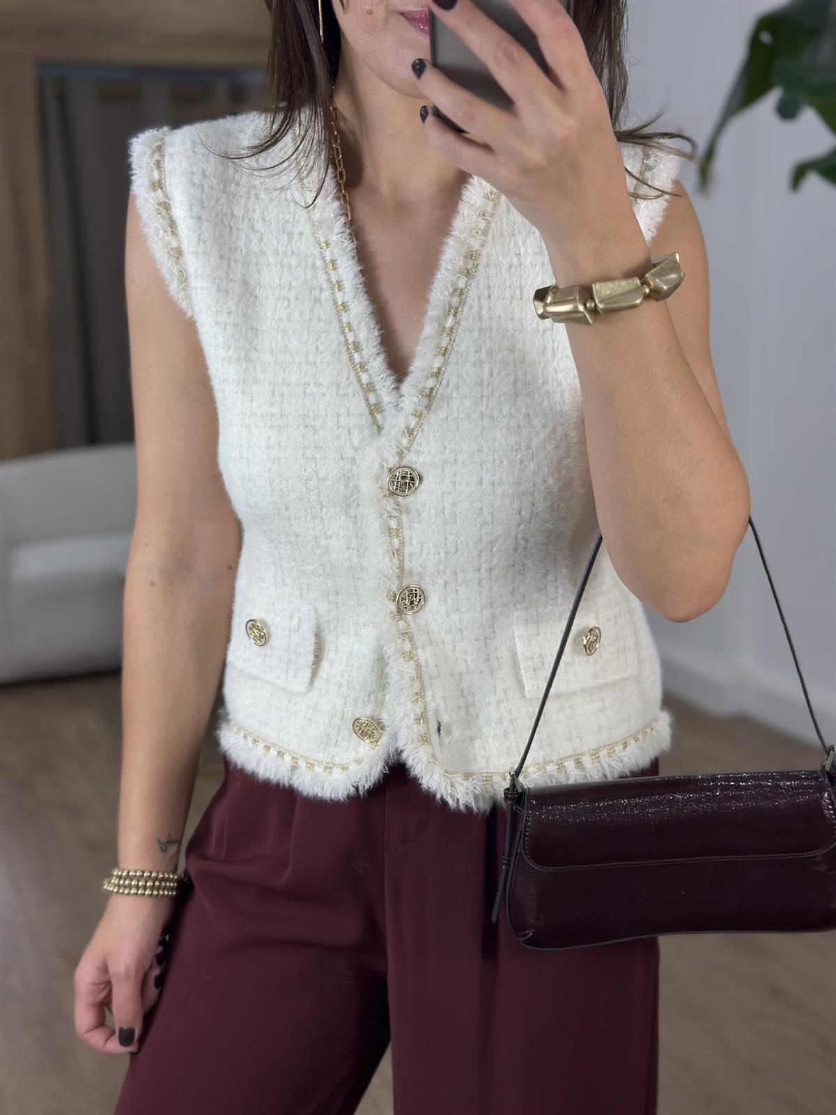 Süs Cepli Gold İşlemeli Angora Yelek - Ekru