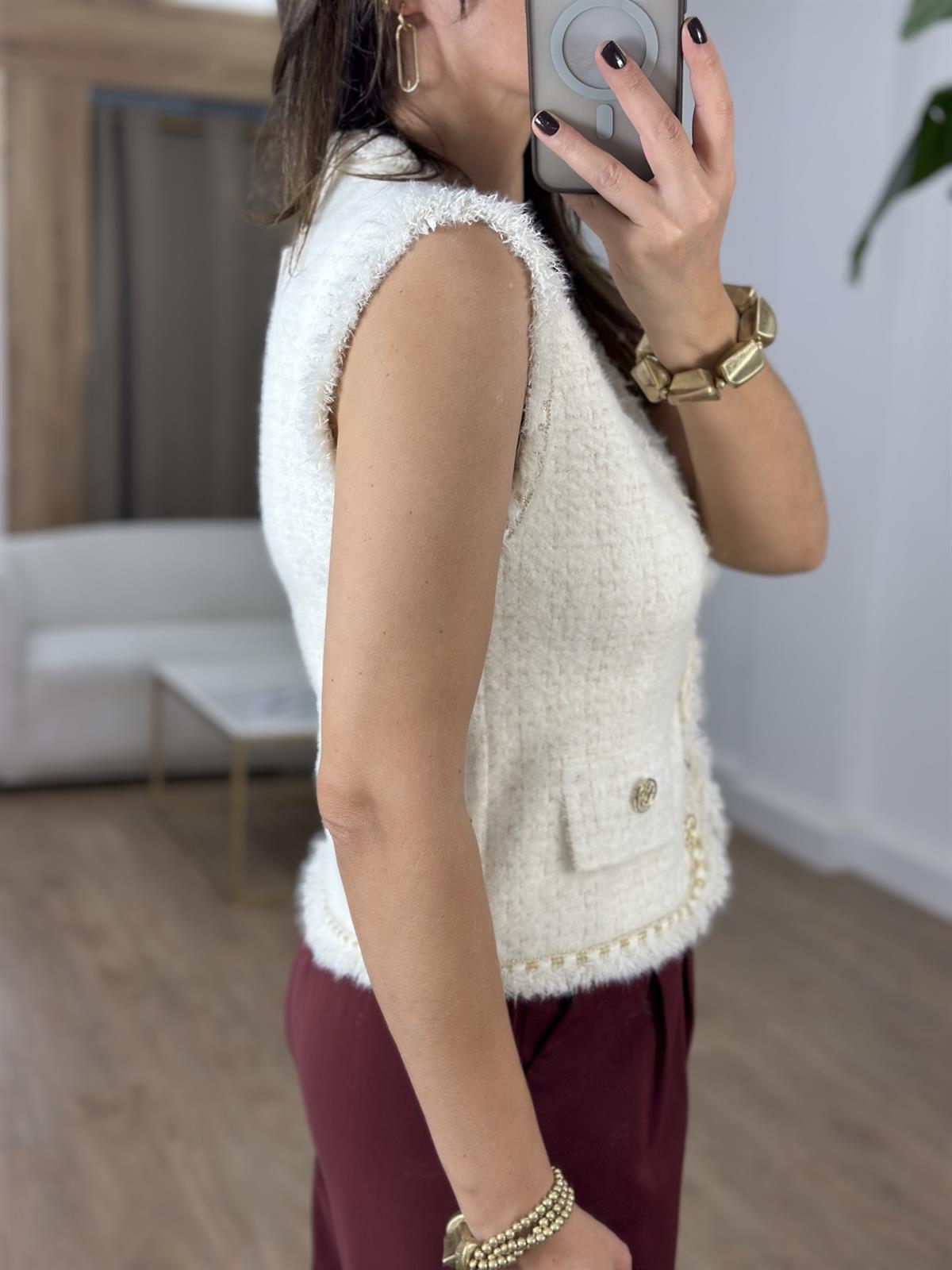 Süs Cepli Gold İşlemeli Angora Yelek - Ekru