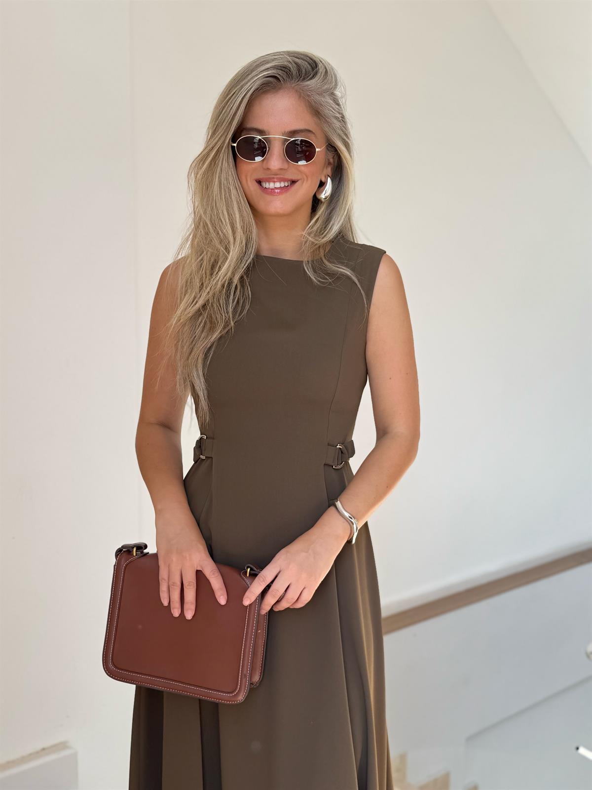 Süs Kemer Detaylı Midi Boy Elbise - Haki