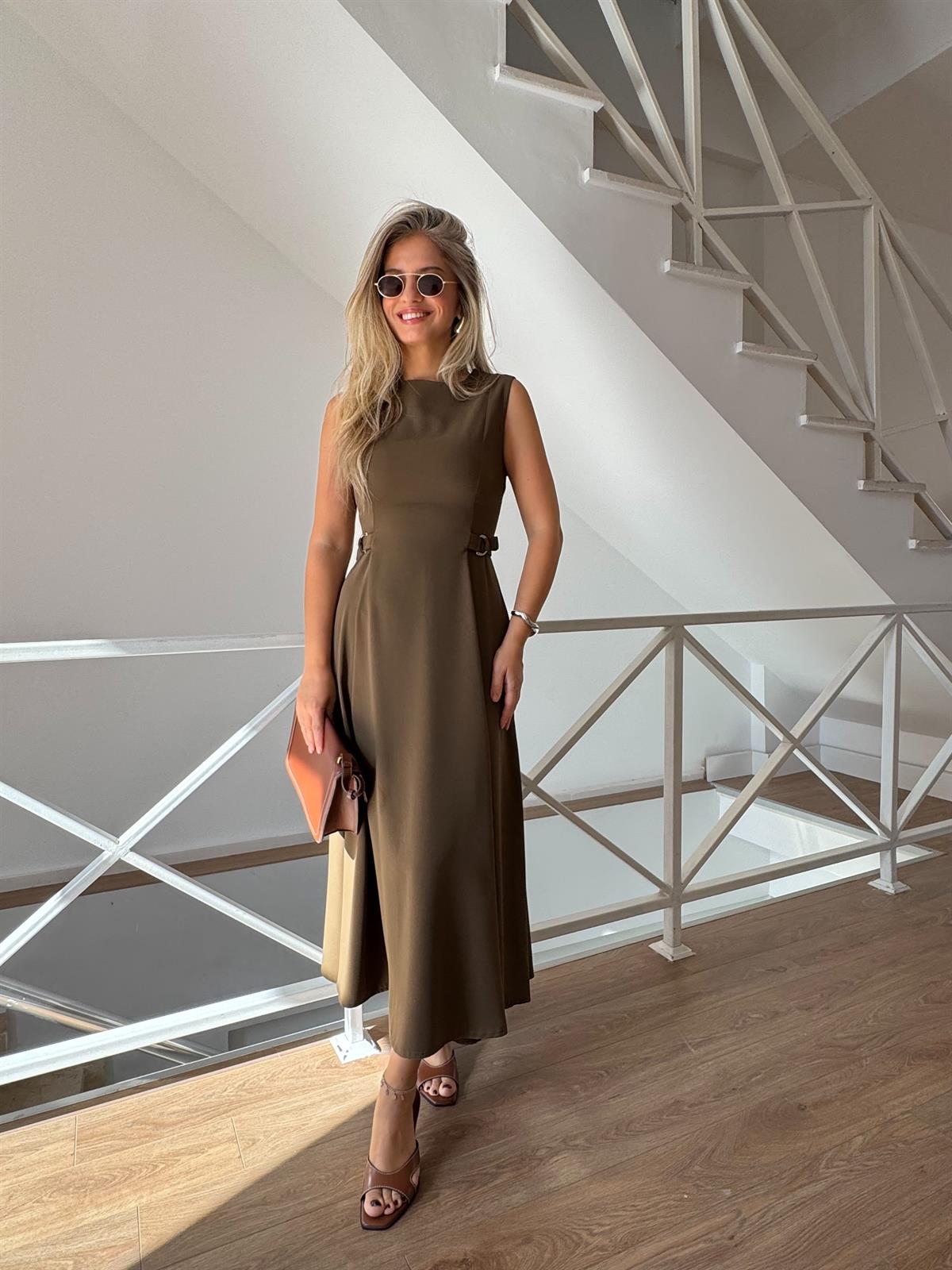 Süs Kemer Detaylı Midi Boy Elbise - Haki