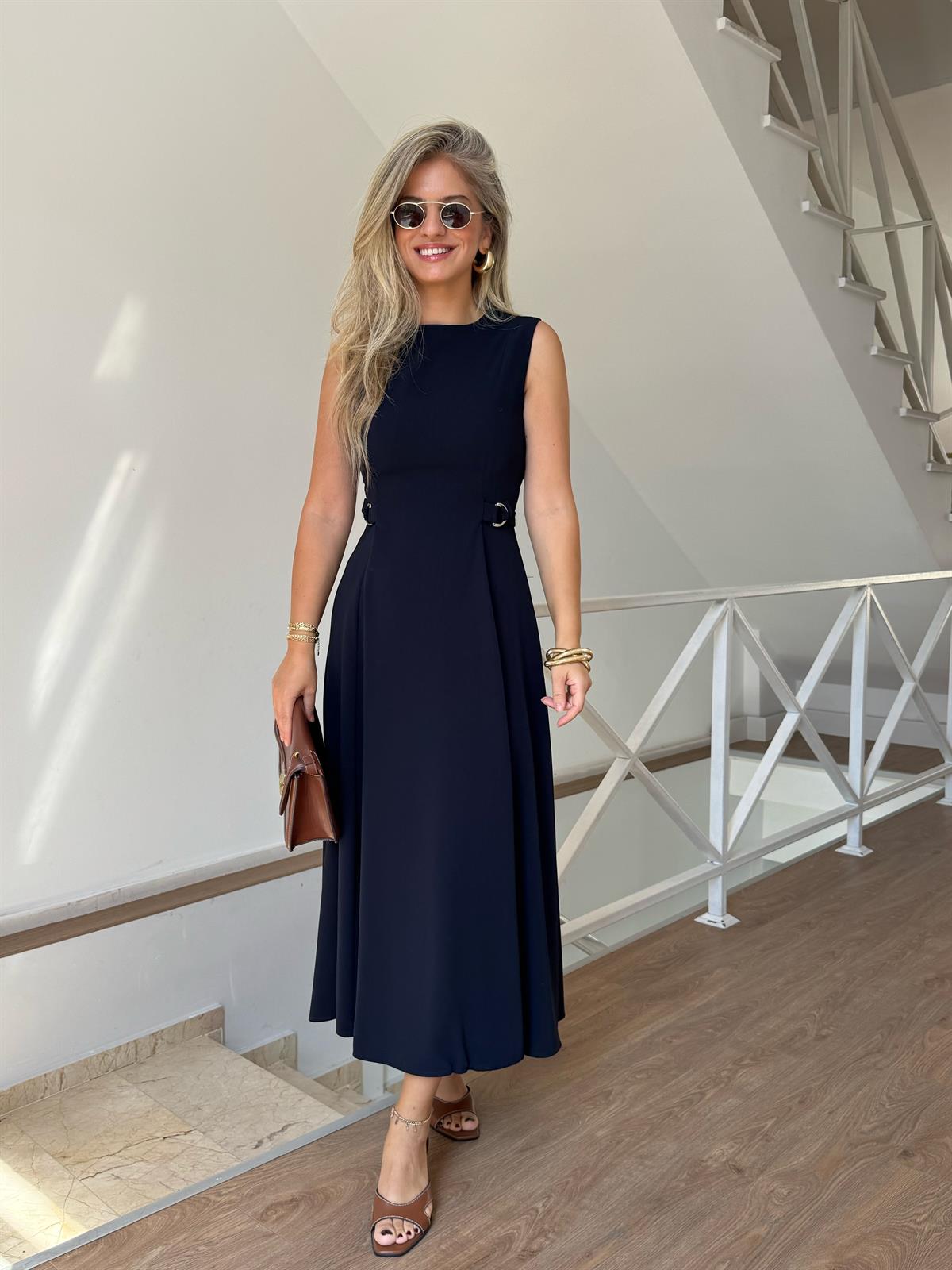 Süs Kemer Detaylı Midi Boy Elbise - Lacivert 